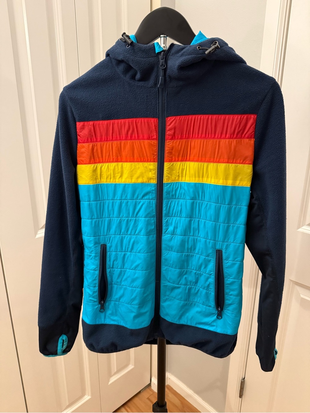 Yo Colorado Women’s Navy Hooded Jacket with Rainbow Stripe Front